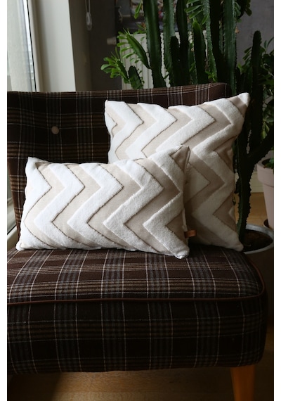 Bohem Özel Tasarım Punch Panç Desen Kare Dekoratif Kırlent Kılıfı 50x50 cm Line Bej