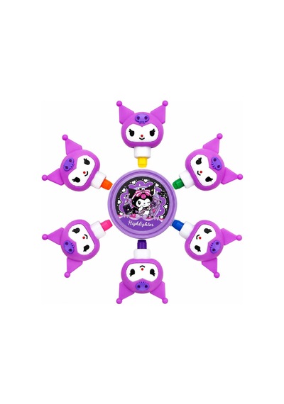 Kuromi Figürlü Stres Çarklı 6 Renk Mini Fosforlu Kalem Seti Mor Mor