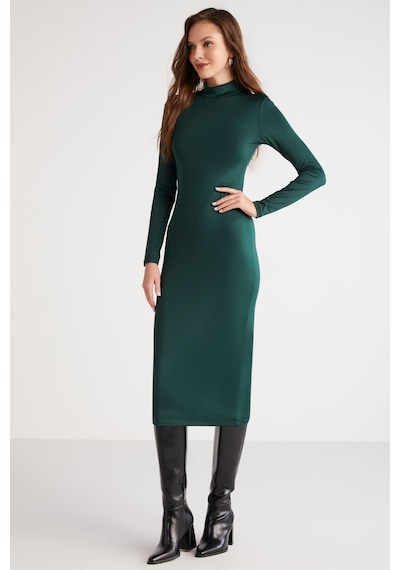 Ethıquet Katja Kadın Vücudu Tamamen Saran Slim Fit Dar Kesim Dik Yaka Midi Boy Yeşil Elbise