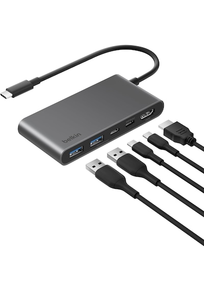 Belkin Usb-c Hub, 5 Portlu, 60 Hz'de 4k Hdmı Ekran Desteği, 100w Güç İletimi, 5gbps Usb-c Çoklu Port Adaptörü, Gri