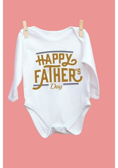 Babylimon Happy Father Desenli Uzun Kol Body Beyaz - 102518748 Beyaz