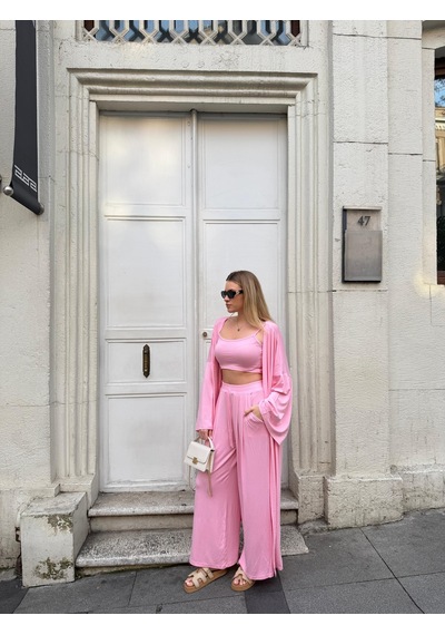 Bonacosa Kadın Viskon 3 Lü Takım Kimono + Beli Lastikli Salaş Pantolon + Crop 8 Renk Pembe Bonacosa Kadın Viskon 3 Lü Takım Kimono + Beli Lastikli Salaş Pantolon + Crop 8 Renk Pembe