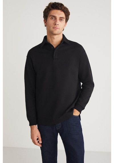 Grımelange JOHN Erkek Polo Sweat Gömlek Yakalı Arkası Uzun Yırtmaçlı Diagonel Kumaşlı Siyah Sweatshirt