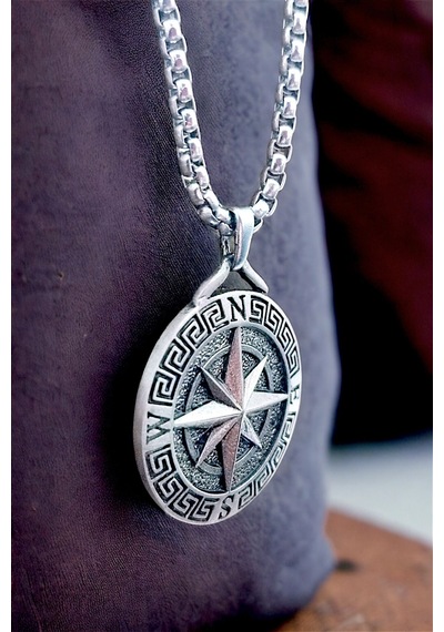 Ak Store Silver Gümüş Kaplama Krom-Çelik Erkek Kolye Madalyon Pusula Gümüş