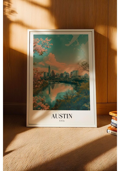 Austin Usa Vintage Seyahat Posteri Çerçeveli Tablo - Premium Şehir Manzaralı Elit Duvar Dekoru Beyaz
