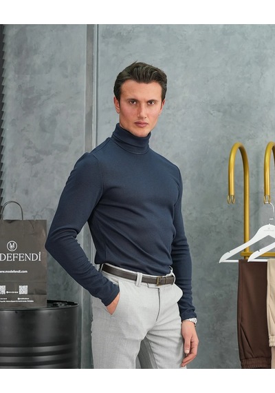 Modefendi Slim Fit İtalyan Kesim Tam Balıkçı Boğazlı Kazak Lacivert