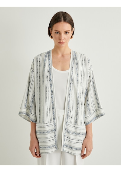 Koton Kimono Geniş Yarım Kollu Cepli Keten Karışımlı Mavi Çizgili 4sak50011pw Mavi Çizgili Mavi