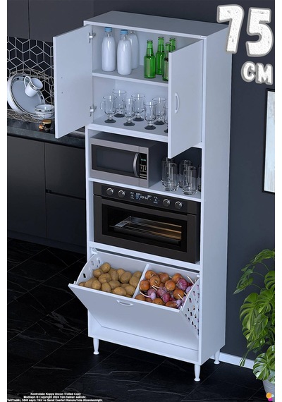 Asel 75 Cm Fırın Uyumlu 2 Göz Sepetli Çok Amaçlı Banyo Kirli Çamaşır Oyuncak Dolabı Beyaz 75x213x32