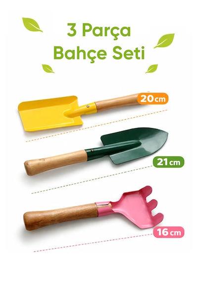 3 Parça Bahçe Plaj Oyuncak Seti Ahşap Saplı Kürek Tırmık Seti Pembe - Sarı