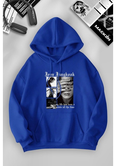 Macklin Unisex Kadın Erkek Jeon Jungkook Bts Özel Tasarım Baskılı Kapşonlu Sweatshirt Mavi Mck1047 Mavi