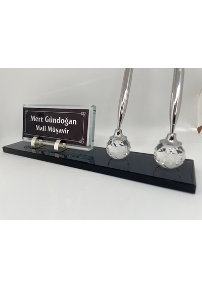 Kişiye Özel Füme Cam Masaüstü İsimlik Seti Çift Kalem