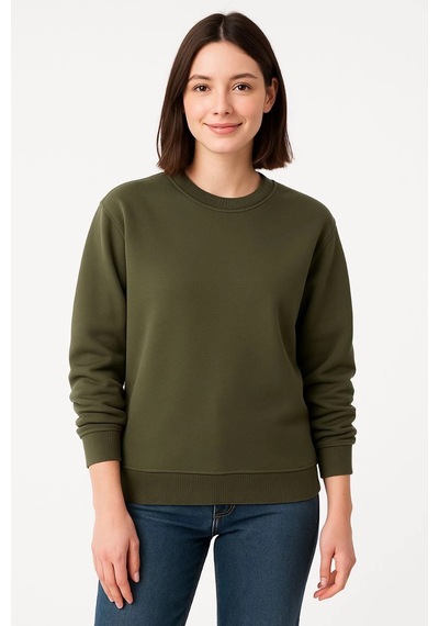 Primemagazam Kadın 3 İplik Pamuklu Düz Bisiklet Yaka Sweatshirt - Haki Çeşitli