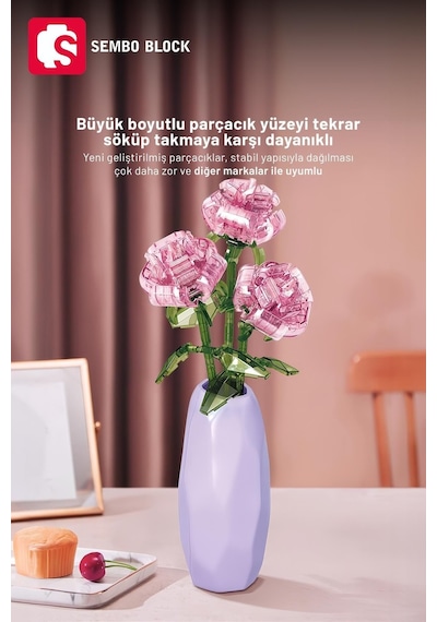 Crystal Rose Vazolu Dekoratif Güller 261 Parça Yapı Blokları ile Uyumlu 611066