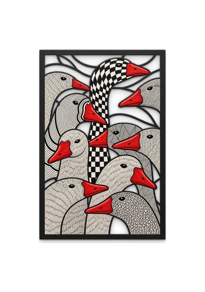 Damalı Kaz Sürüsü Metal Tablo 83x125 Cm Çok Renkli