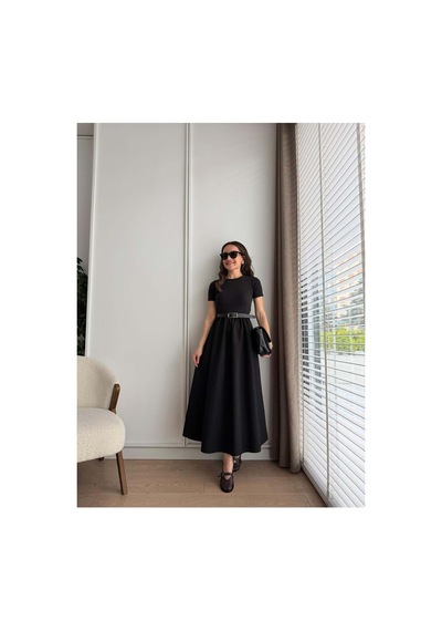 Unika Boutique Acı Kahve Kendinden Kemerli Alt Poplin Kumaş Elbise Siyah