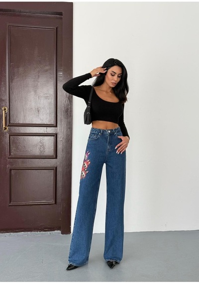 Kadın Nakış Detaylı Wide-leg Jean Kot Pantolon Mavi+koyu
