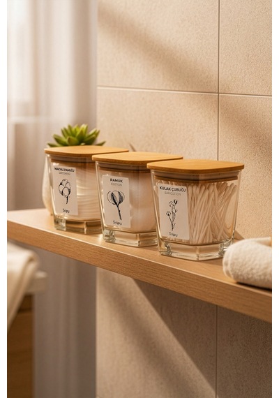 Cuvo - 3'lü Bambu Vakum Kapaklı Banyo Düzenleyici Cam Banyo Seti Etiketli Banyo Organizeri