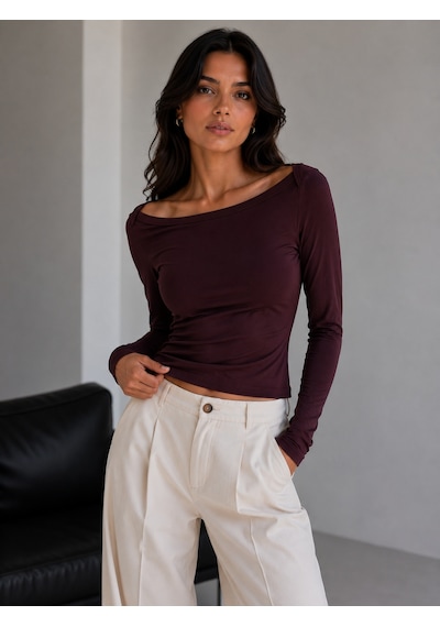 Sortie Collection Geniş Kayık Yaka Uzun Kollu Slim Fit Bluz Mürdüm