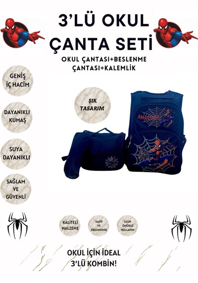 Örümcek Desenli Siyah 3 Lü Erkek Çocuk İlkokul Okul Çantası + Termal Beslenme Çantası + Kalemlik