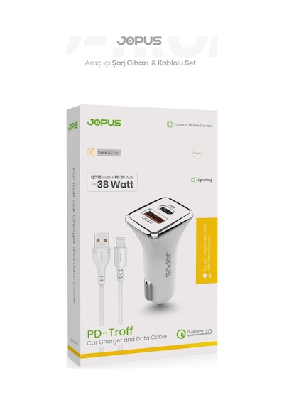Jopus İphone Araç Şarj Aleti Çakmaklık Seti - Lightning + USB Girişli 38W JO-A7