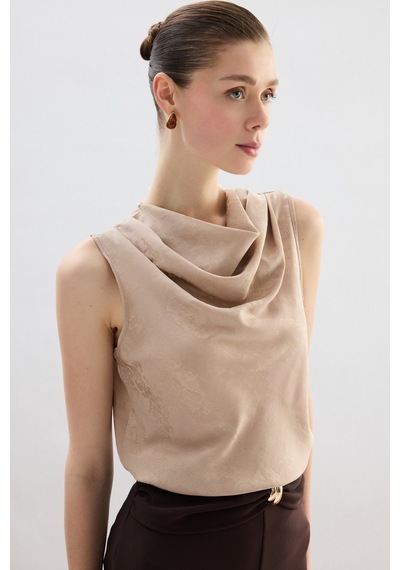 Sateen Degaje Yaka Bluz - Bej-136753 Bej