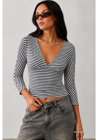 Madmext Lacivert Çizgili V Yaka Slim Fit Kadın Bluz Mg2887