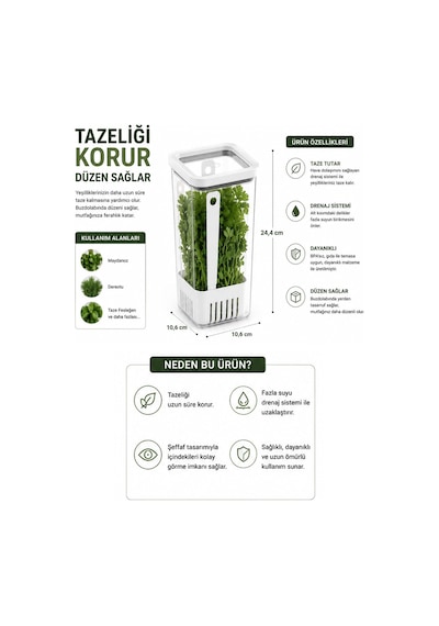 3'lü Kare Yeşillik Saklama Kabı 1700 Ml Kapaklı Marul Maydanoz Taze Ot Saklama Kutusu Vp-007 Diğer