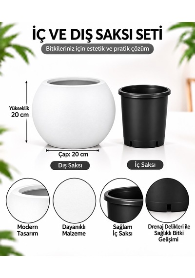 20x20 Cm Yuvarlak Dekoratif Saksı İçlikli, Modern Tasarım Salon Ve Bahçe Saksısı 9 Litre -