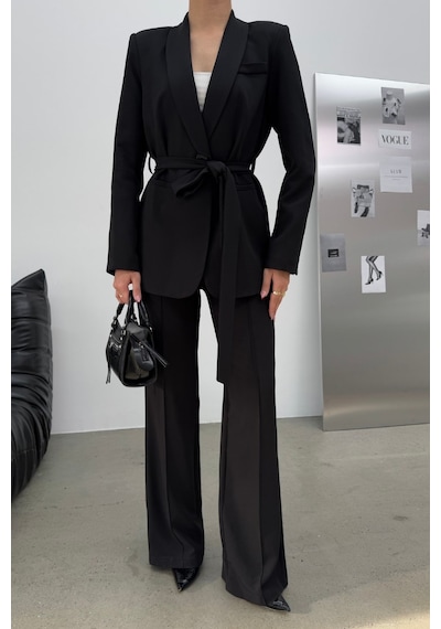 Msm Fashion Kadın İkili Kuşaklı Blazer Ceket Pantolon Takım Siyah