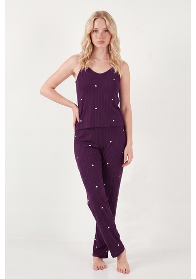Lela Askılı V Yaka Lastikli Bel Fitilli Pijama Takımı Bayan Pijama Takımı 65780604 Mürdüm MÜRDÜM