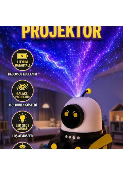 Robot Tasarımlı Lityum Bataryalı Led Gece Lambası Ve Çocuk Projektörü Renkli
