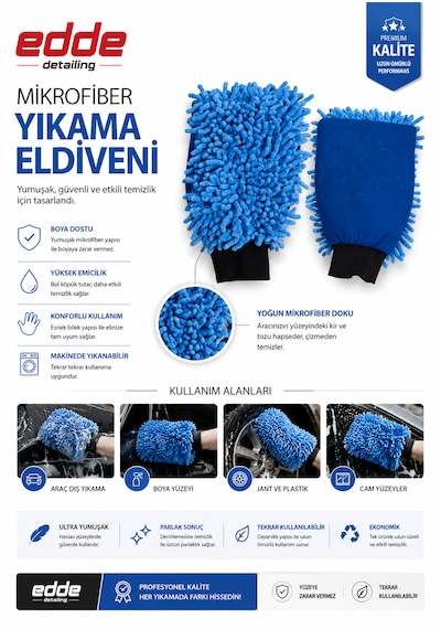 Edde Araba Araç Oto Mikrofiber Oto Yıkama Eldiveni Makarna Şönil Eldiven Oto Detailing