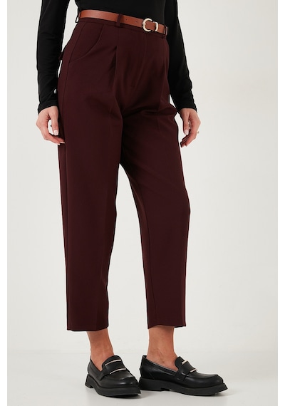 Lela Regular Fit Yüksek Bel Düz Paça Kemerli Bayan Pantolon 68350938 Mürdüm