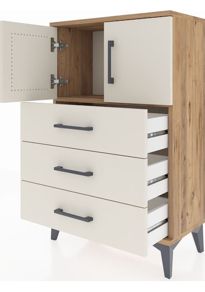 Arges Komodin Tek Raflı 3 Çekmeceli 2 Kapaklı 60x30x96 Çam-ay... Çam