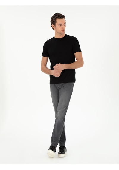 Siyah Slim Fit Çizgi Dokulu Bisiklet Yaka T-shirt