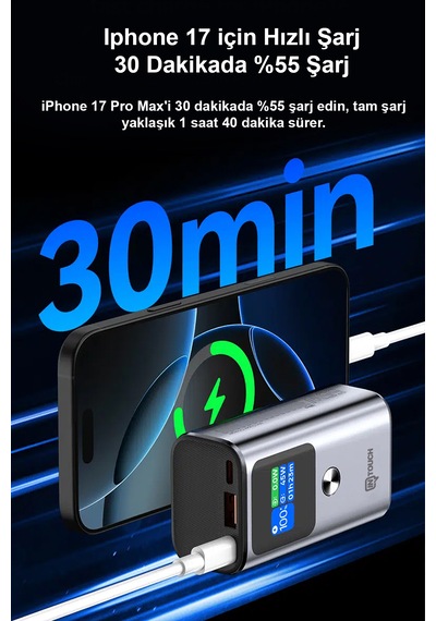 10.000mah Ultra Hızlı Şarj 55w Tft Ekranlı Powerbank - Premium Serisi Gri  -  Siyah
