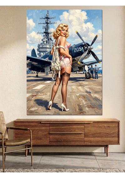 Uçak Gemisi Önünde Pin-up Kadın Dekoratif Kanvas - Mdf Ahşap Tablo Çok Renkli