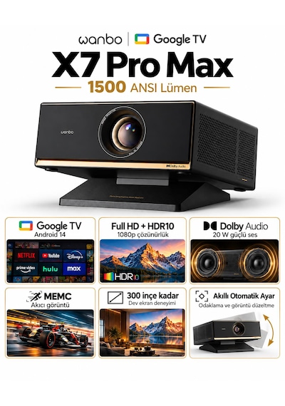 Wanbo X7 Pro Max Google Tv Projeksiyon Cihazı, 1500 Ansı Lümen, Full Hd 1080p, 4k Destekli, Otomatik Odaklama