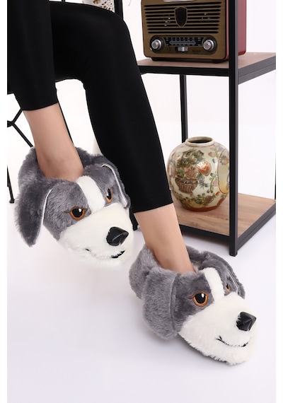 Wordex Hayvanlı H10 Köpekli Kışlık Kadın Erkek Çocuk Panduf Ev Içi Sessiz Taban Panduf Gri