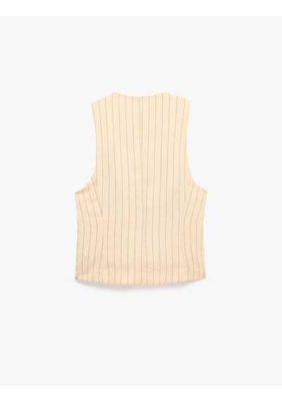 Koton V Yaka Düğmeli Çizgili Blazer Yelek Bej Çizgili 6sak20062pw Ekru