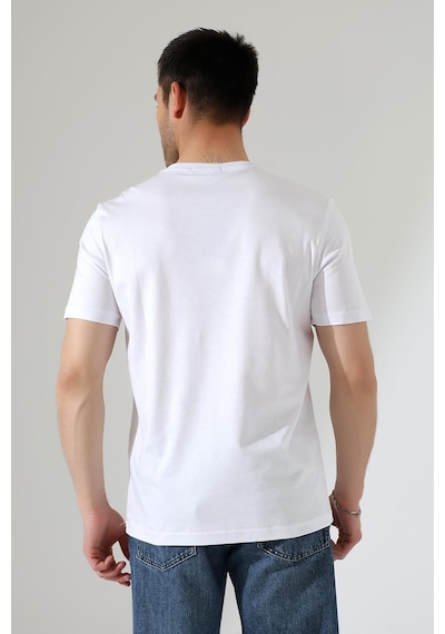 Erkek İki Renk Parçalı Bisiklet Yaka T-shirt - Pamuklu Tişört Beyaz