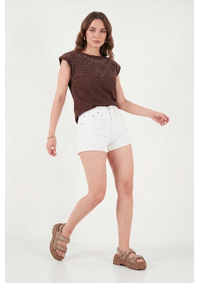 Lela Pamuklu Regular Fit Taş Detaylı Bluz Bayan Bluz 5866945 Kahve