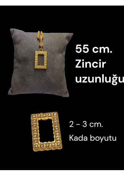 22 Ayar Altın Kaplama Zirkon Taşlı Çerçeve Kasa Kolye - 55 Cm Hasır Zincirli Gold