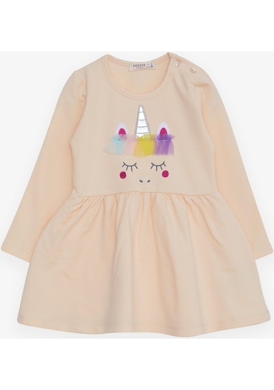 Breeze Kız Çocuk Uzun Kollu Elbise Tüllü Unicorn Nakışlı 1.5-5 Yaş, Krem-krem Krem