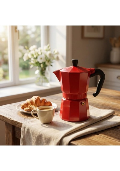 Kırmızı Moka Pot 3 Fincanlık, 180 Ml Alüminyum Espresso Demliği, Ocak Üstü Kahve Cezvesi, Gazlı Elektrikli Seramik Ocak Uyumlu, 9x12x17 Cm