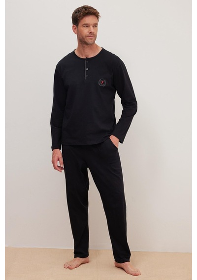 Tudors Erkek Standart Fit %100 Pamuk Bisiklet Yaka Beli Lastikli Siyah Pijama Takımı-37949 Siyah