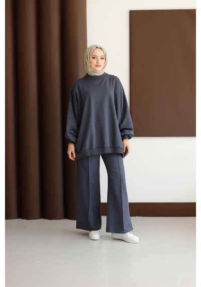 Moonsc Kadın Oversize 2 İplik Tesettür Takım Gri