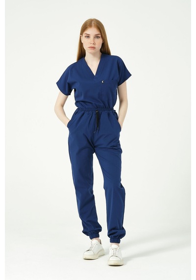 Saks Mavi Likralı Scrubs Jogger Paça Doktor Hemşire Forması Yarasa Kol Takım Unisex