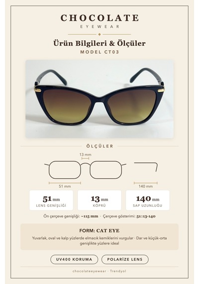 Kadın Polarize Cat Eye Güneş Gözlüğü Kahverengi Uv400 Korumalı Siyah