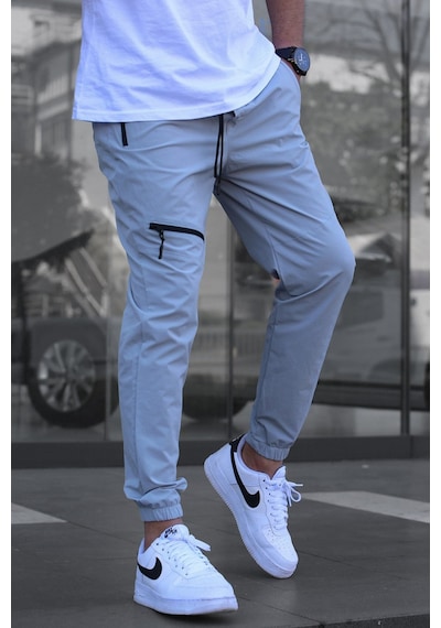 Boyalı Gri Fermuar Detaylı Paraşüt Jogger Pantolon Boyalı Gri